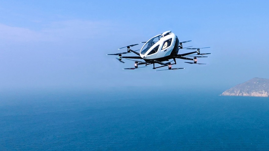 EHang announced February 25 that the EH216 autonomous aircraft recently completed its first offshore test flights. Photo courtesy of EHang Holdings Ltd.