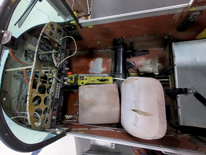 The AOPA Sweepstakes Grumman Tiger’s interior, viewed from above, has been gutted and is awaiting modifications at J.A. Air Center. Photo by Kollin Stagnito.