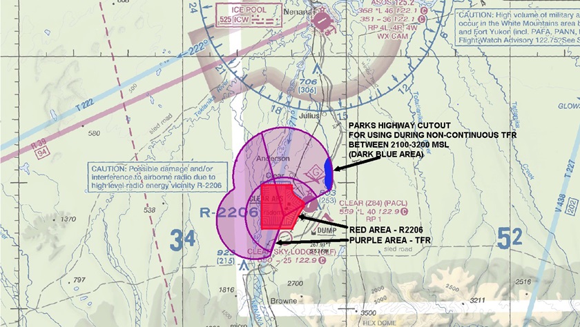 R-2206 restricted area remains activated as published. The purple and blue areas represent the TFRs that will  be NOTAMed starting in April 2021. Expanded 3D renderings of this TFR can be found in the Letter to Airmen referred to below. Image courtesy of FAA.