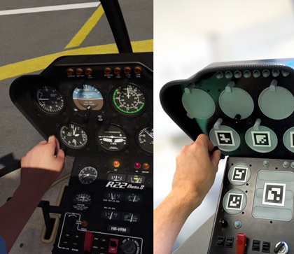 A view of the software projection inside the headset and physical motion platform outside. Image courtesy of VRM Switzerland.