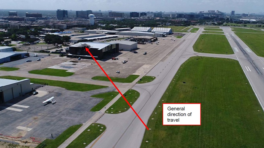 This annotated photograph shows the flight path of the ill-fated Beechcraft King Air that crashed June 30, 2019, in Addison Texas, seconds after takeoff. Image courtesy of the NTSB.
