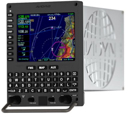 The Helios flight management system serves as an approved GPS position source for ADS-B. In addition to a moving map with airspace, navigation, and airport information display capabilities, the base unit can also display traffic and weather overlays. Optional add-ons include a helicopter terrain awareness and warning system with power line database, as well as night vision, radar, and RS-170 video display integration. Image courtesy of Avidyne. 