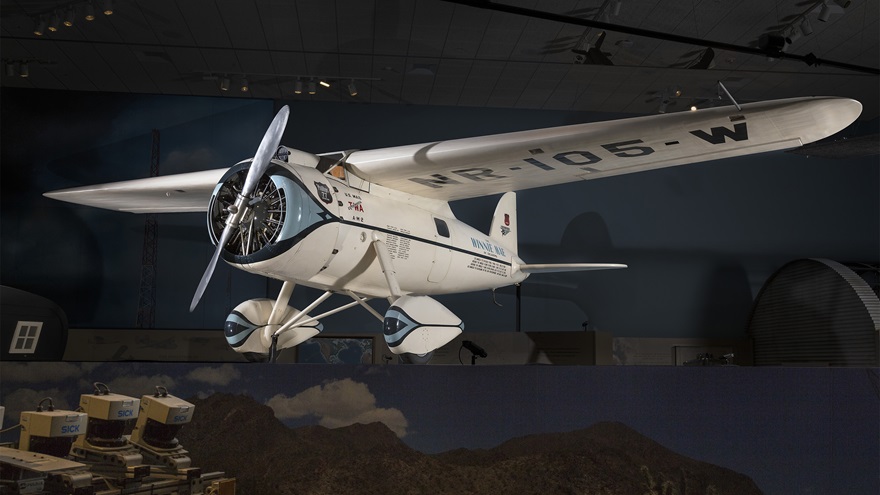 Lockheed Model 5B Vega "Winnie Mae" on display in the "Time and Navigation" exhibit at the Smithsonian National Air and Space Museum's National Mall Building in Washington, D.C. Photo courtesy of the Smithsonian National Air and Space Museum.