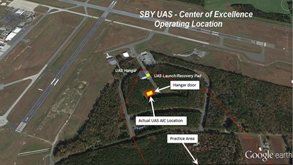 An annotated Google Earth view of the Salisbury-Ocean City Wicomico Regional Airport shows the new UAS Autonomous Innovation Center positioned in the crux of two runways. The airport acreage allows for a practice area located southeast of the UAS facility. Image courtesy of Salisbury Regional Airport. 