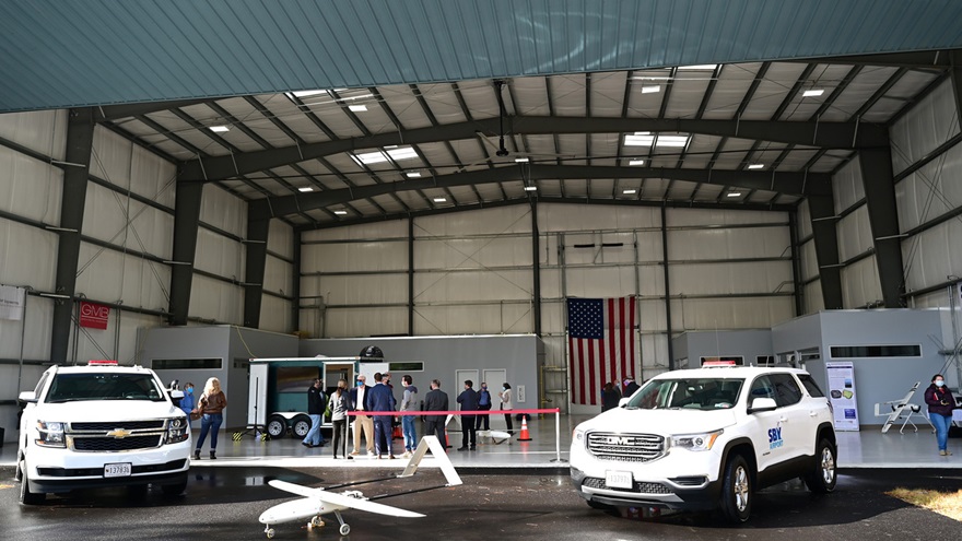 In February 2021, a new 7,800-square-foot UAS Autonomous Innovation Center was dedicated at the Salisbury-Ocean City Wicomico Regional Airport in Maryland. In the foreground is a UAV Factory Penguin B. Photo by Ed Chambers, used with permission.