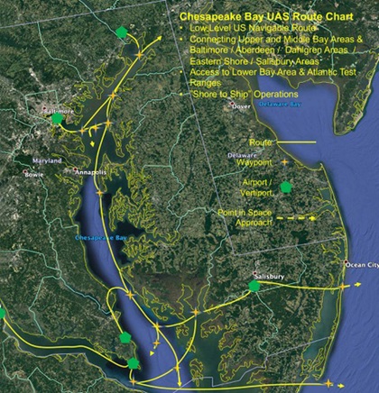 This graphic was produced as part of the Chesapeake Bay UAS Route feasibility study initiated by the University of Maryland. While the graphic is only notional and does not display exact routes or nodes, it illustrates the concept of how such a network could work. Image courtesy of the University of Maryland.