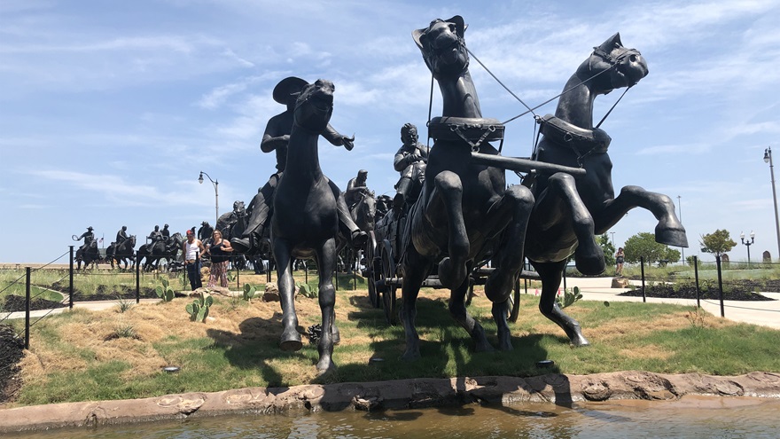 You can take the Bricktown Water Taxi to see the Centennial Land Run Monument at the lower end of the Bricktown Canal. Oklahoma-based artist Paul Moore and his son created this work from 2000 to 2020. There are 45 bronze sculptures of cowboys, horses, and wagons stretching out 365 feet long depicting the Oklahoma Land Rush of 1889. Photo by MeLinda Schnyder.