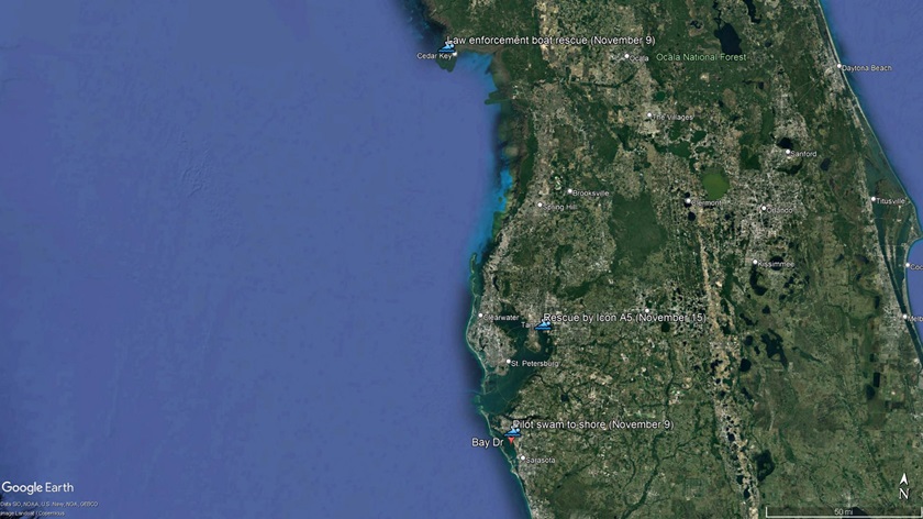 Three separate post-ditching rescues were accomplished  without delay between November 9 and 15 along Florida's Gulf Coast. Google Earth image.