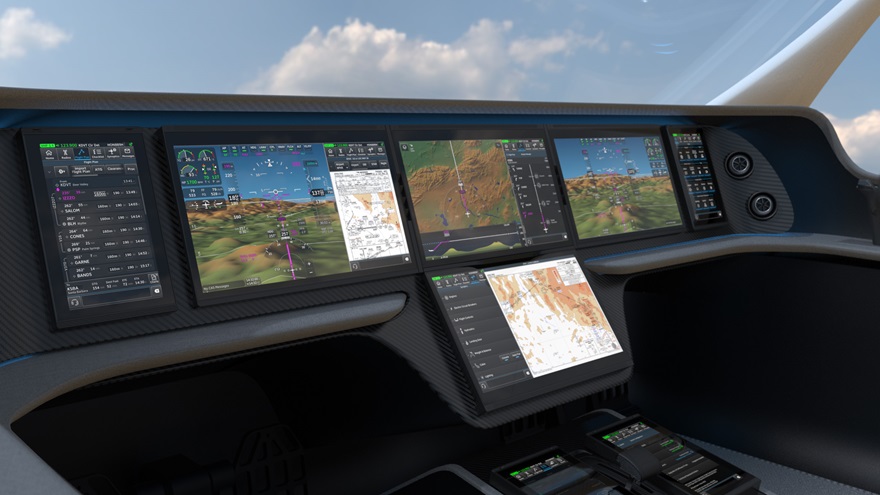 A rendering of the Honeywell Anthem flight deck shows how touch-screen displays will replace all legacy instruments with customizable displays providing more information than ever. Image courtesy of Honeywell.