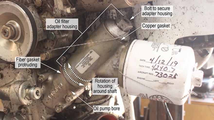 The FA has proposed an airworthiness directive to replace the fiber gaskets used on aftermarket oil filter adapters installed on some Continental engines. Image courtesy of the NTSB.