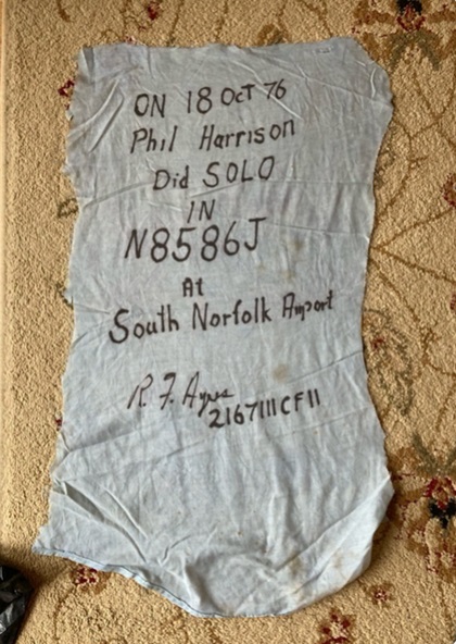 Phil Harrison was reunited with his solo shirt-tail when Jim Stevens delivered it to him at Triple Tree Aerodrome’s annual fall fly-in in South Carolina. Photo courtesy of Jim Stevens. 