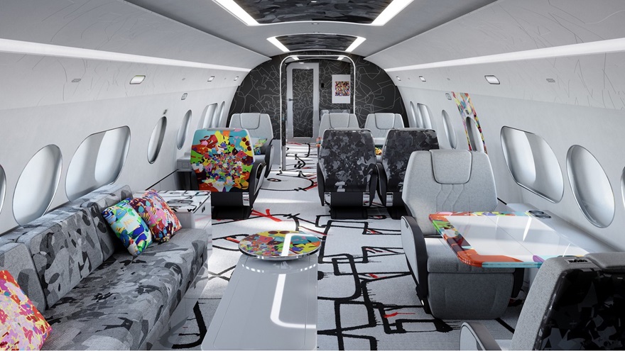 Concept of the Airbus Corporate Jets ACJ TwoTwenty cabin designed with French artist Cyril Kongo. Image courtesy of Airbus Corporate Jets.