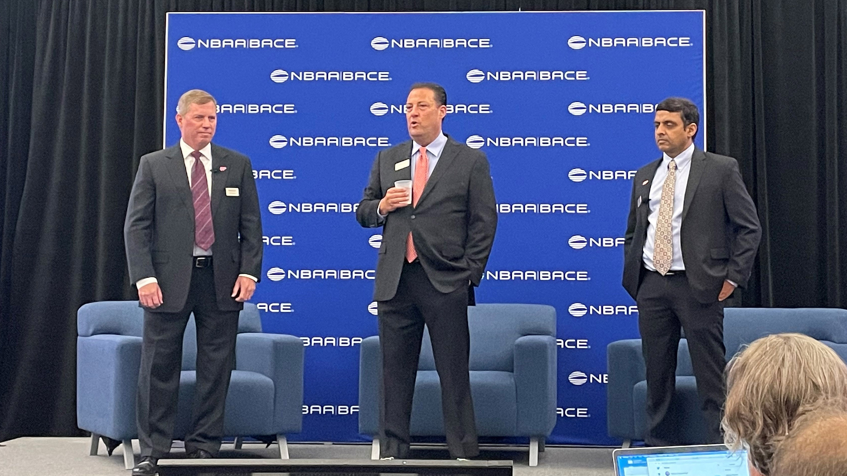 Wheels Up Chief Operating Officer Tom Bergeson (left), founder and CEO Kenny Dichter (center), and President Vinayak Hegde (right) discuss the company’s future October 11 during the National Business Aviation Association Business Aviation Convention and Exhibition in Las Vegas. Photo by Kollin Stagnito.