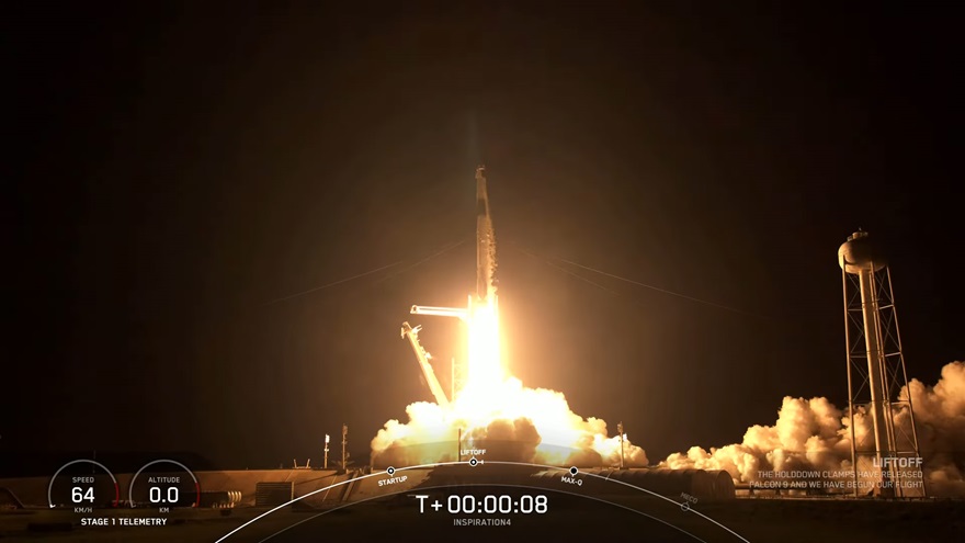 SpaceX livestreamed the launch of the Inspiration4 mission, a historic flight that began September 15 with a three-day orbit planned. Image courtesy of SpaceX via YouTube.