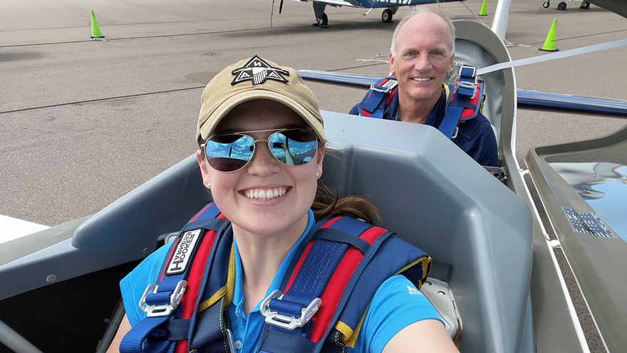 Cayla McLeod and Richard McSpadden strapped into the Extra 300L recently donated to AOPA to support pilot education. Soon after this photo was taken, the pair departed Lakeland, Florida, just prior to the start of the Sun 'n Fun Aerospace Expo. Photo by Cayla McLeod.