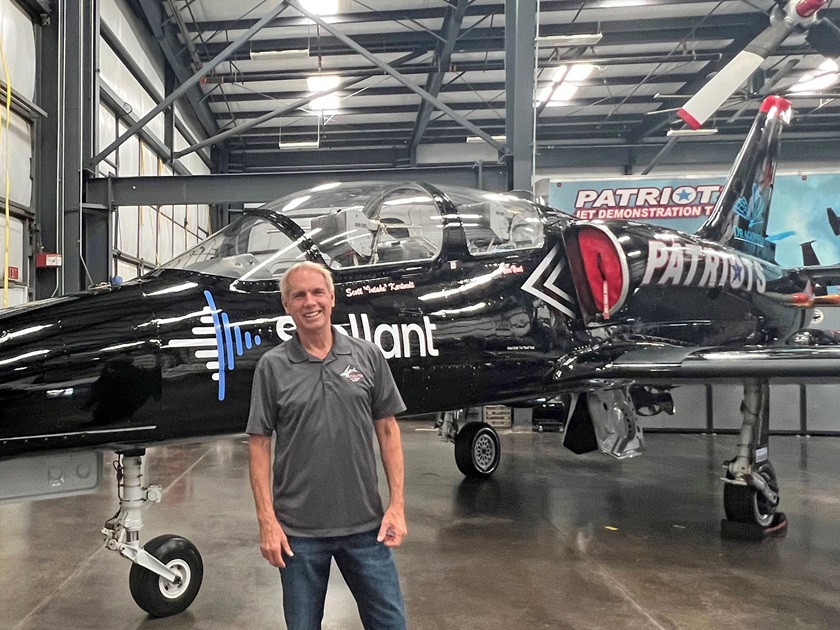 Patriots Jet Team founder, Randy Howell, stands in front of an L-39 used in their airshows filming Top Gun Maverick. Photo by Niki Britton.