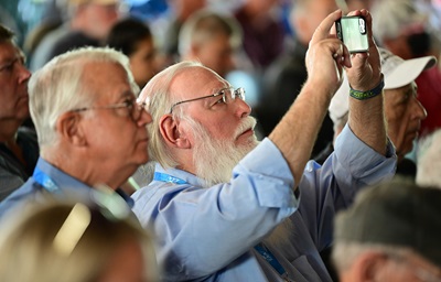 General Aviation Modifications Inc. co-founders George Braly, right, and Tim Roehl, left, were among the more interested audience members at a July 25 fuel forum at EAA AirVenture Oshkosh. Braly voiced frustration with the FAA’s delay approving GAMI’s 100-octane unleaded fuel during a subsequent congressional hearing. Photo by David Tulis.