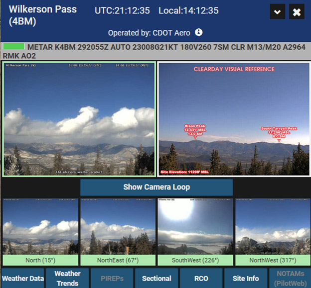 A typical weather camera display with a current image (within the last 10 minutes) next to a reference image, marked to show distance and elevation of key landmarks. In this case, a METAR is also available, with winds, cloud heights, and other information. Notice while the METAR is reporting the sky clear over the station, the image shows clouds in different directions that would be of interest to pilots planning to fly in the area. Image courtesy of the FAA .
