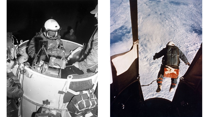 (Left) Capt. Joseph Kittinger in the Excelsior gondola. (Right) An automatic camera captured Kittinger just as he stepped from the balloon-supported Excelsior Gondola on August 16, 1960, at an altitude of 102,800 feet. Kittinger later retired at the rank of colonel. Photos courtesy of U.S. Air Force.