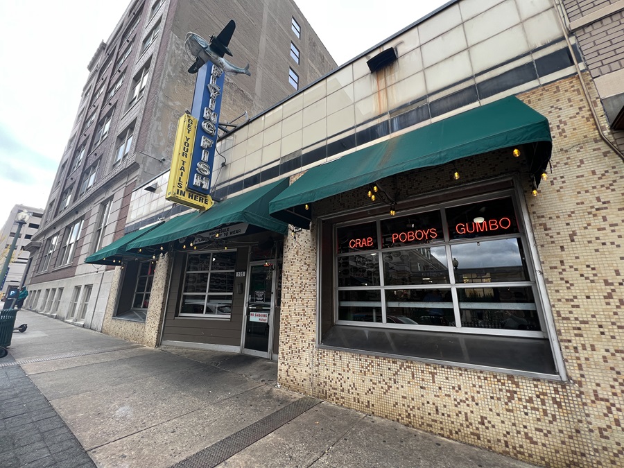The sign at Flying Fish is a catfish with wings and twin radial engines. Photo by Sierra Harrop.