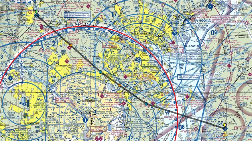 Flight path from Frederick Municipal Airport to Easton/Newman Field using GPS waypoints VPONX and VPOOP. Photo by AOPA.