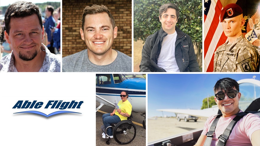 The Able Flight Class of 2022 (top row, left to right) Nathaniel Miller, Austin “Chance” Field, Chris Murad, Andy Burnette; and (bottom row, from left) Stephanie Cibello, and Ryan Chen. Images courtesy of Able Flight.