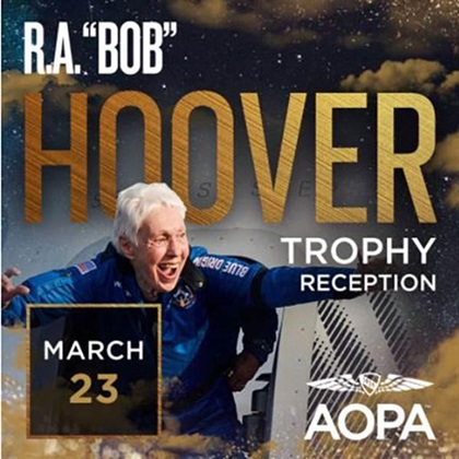 Wally Funk to receive the Bob Hoover Trophy at the sixth annual R.A. "Bob" Hoover Awards, taking place March 23 at Reagan National Airport. Photo courtesy of Blue Origin. 
