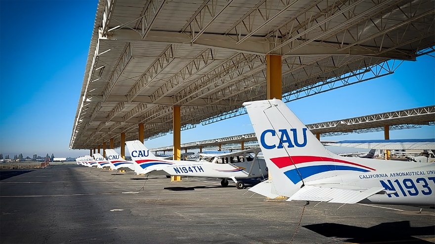 Six brand-new Cessna 172s sit on the ramp at California Aeronautical University's main campus at Meadows Field in Bakersfield, California. Photo courtesy of California Aeronautical University.