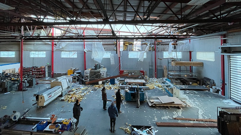 A severe windstorm damaged a wall and portion of roofing at Airframes Alaska’s main manufacturing facility in Palmer, Alaska. The event left thousands without power in near zero-degree temperatures in Matanuska-Susitna Borough, Alaska. Photo courtesy of Airframes Alaska. 