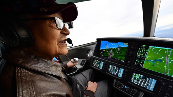 Brig. Gen. Charles McGee, a member of the famed Tuskegee Airmen, died January 16 at 102. McGee is pictured here flying a Cirrus SF50 Vision Jet from Frederick, Maryland, to Dover Air Force Base in Delaware as part of his 100th birthday celebration. Photo by David Tulis.