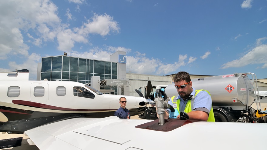 An aircraft is fueled at Signature Flight Support in Frederick, Maryland, in 2016. Signature Aviation has more than doubled its worldwide footprint in recent years, and just added 14 more locations with the acquisition of TAC Air. Photo by Mike Collins.