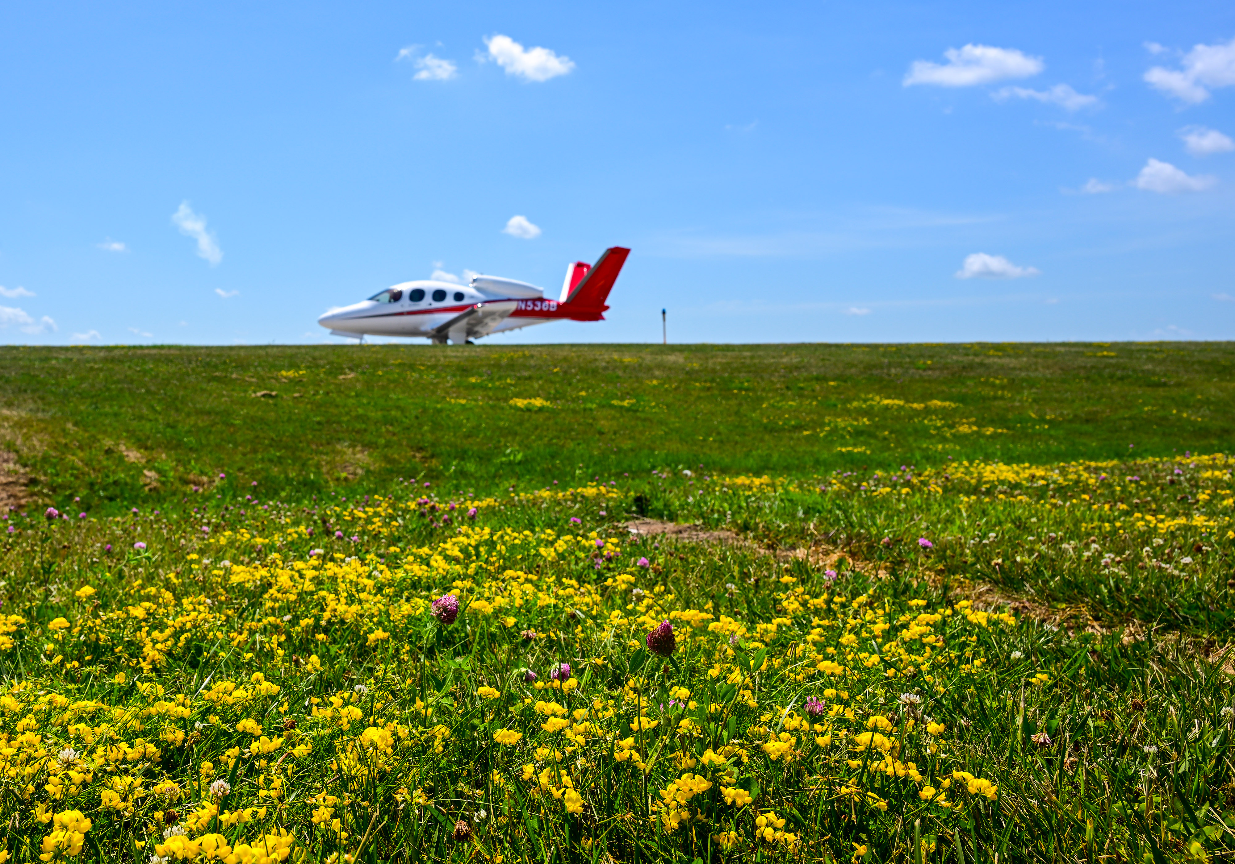 Wildflowers near the North 40 parking area frame a Cirrus SF50 Vision Jet during early arrivals for EAA AirVenture July 23, 2022. Photo by David Tulis.