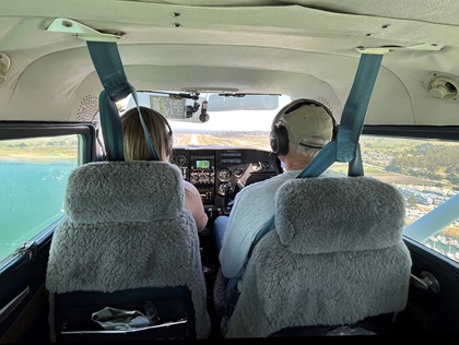 The author on final for Half Moon Bay airport in her Cessna 182. Photo courtesy of Niki Britton.