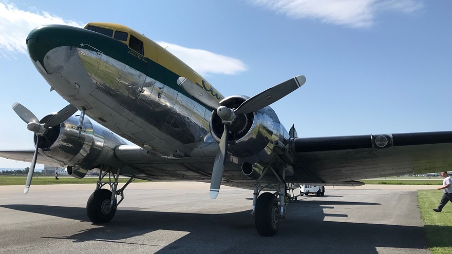 The 1942 Douglas DC-3 'Yukon Sourdough’ took flight on July 12 after years of restoration. Photo by Jill W. Tallman.