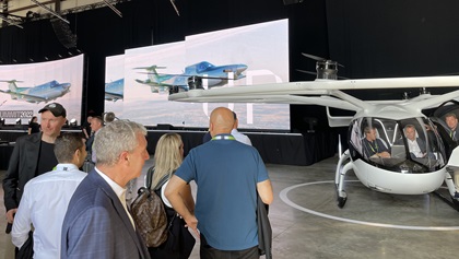 Volocopter’s VoloCity was on display in a hangar at Bentonville Municipal Airport/Louise M. Thaden Field. Photo by Tom Haines.