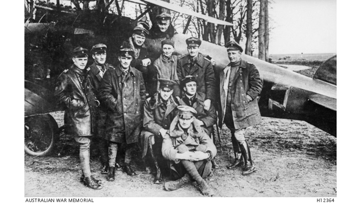Manfred Freiherr Von Richthofen seated in an Albatros D.III. aircraft with other members of Jagdstaffel 11. Led Zeppelin used the photo as the base for their second studio album “Led Zeppelin II.” Photo courtesy Australian War Memorial.
