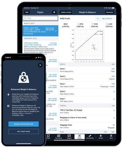 Enhanced weight and balance allows users to store data and visualize the center of gravity. Image courtesy of ForeFlight.