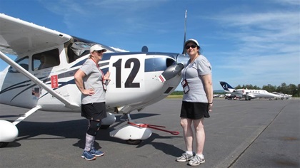 Lin Caywood and author Bev Weintraub (right) flew a Cessna 182 in the 2018 Air Race Classic. Weintraub explores the history of how women broke through barriers to become U.S. Navy aviators in a new book . Photo by Dan Namowitz.