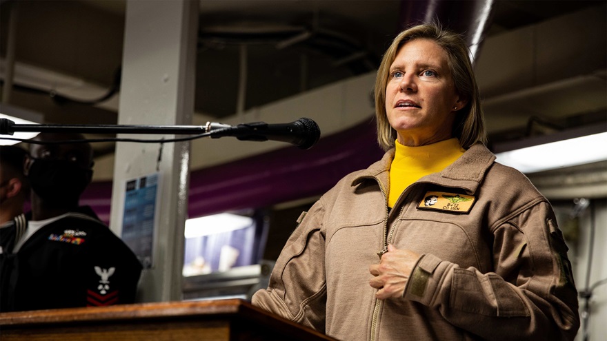 Capt. Amy Bauernschmidt, commanding officer of the USS Abraham Lincoln, speaks during her ship's commissioning anniversary and Veterans Day commemoration on November 11. U.S. Navy photo by Mass Communication Specialist 3rd Class Lake Fultz.
