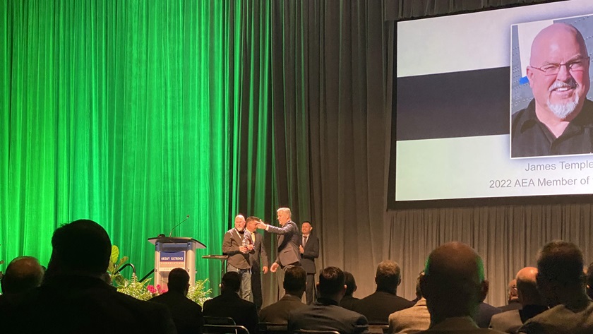 James Temple, the owner of Temple Electronics and son of the company's founder, Marshall Temple, accepted the 2022 AEA member of the year award. Photo by Jim Moore.
