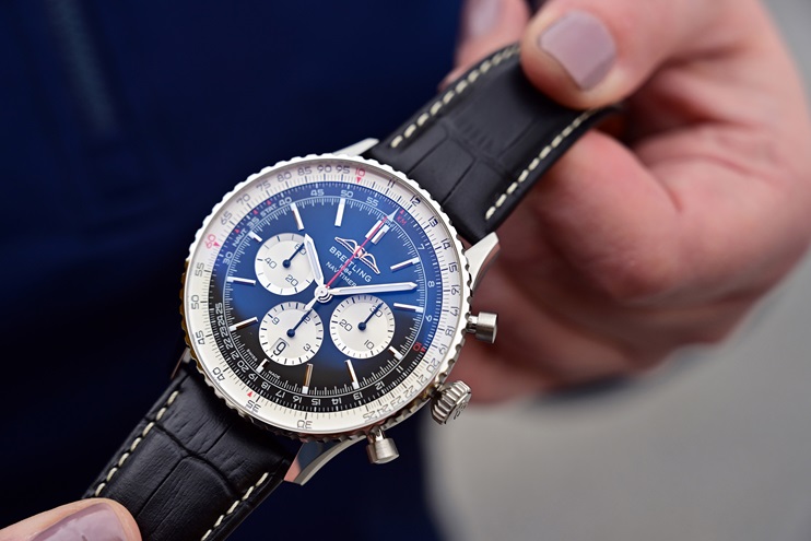 Breitling offers the Navitimer with AOPA wings at 12 o’clock in three sizes with two case materials (18-karat red gold or stainless steel), and a strap made of metal links or the alligator strap shown here. Photo by David Tulis.