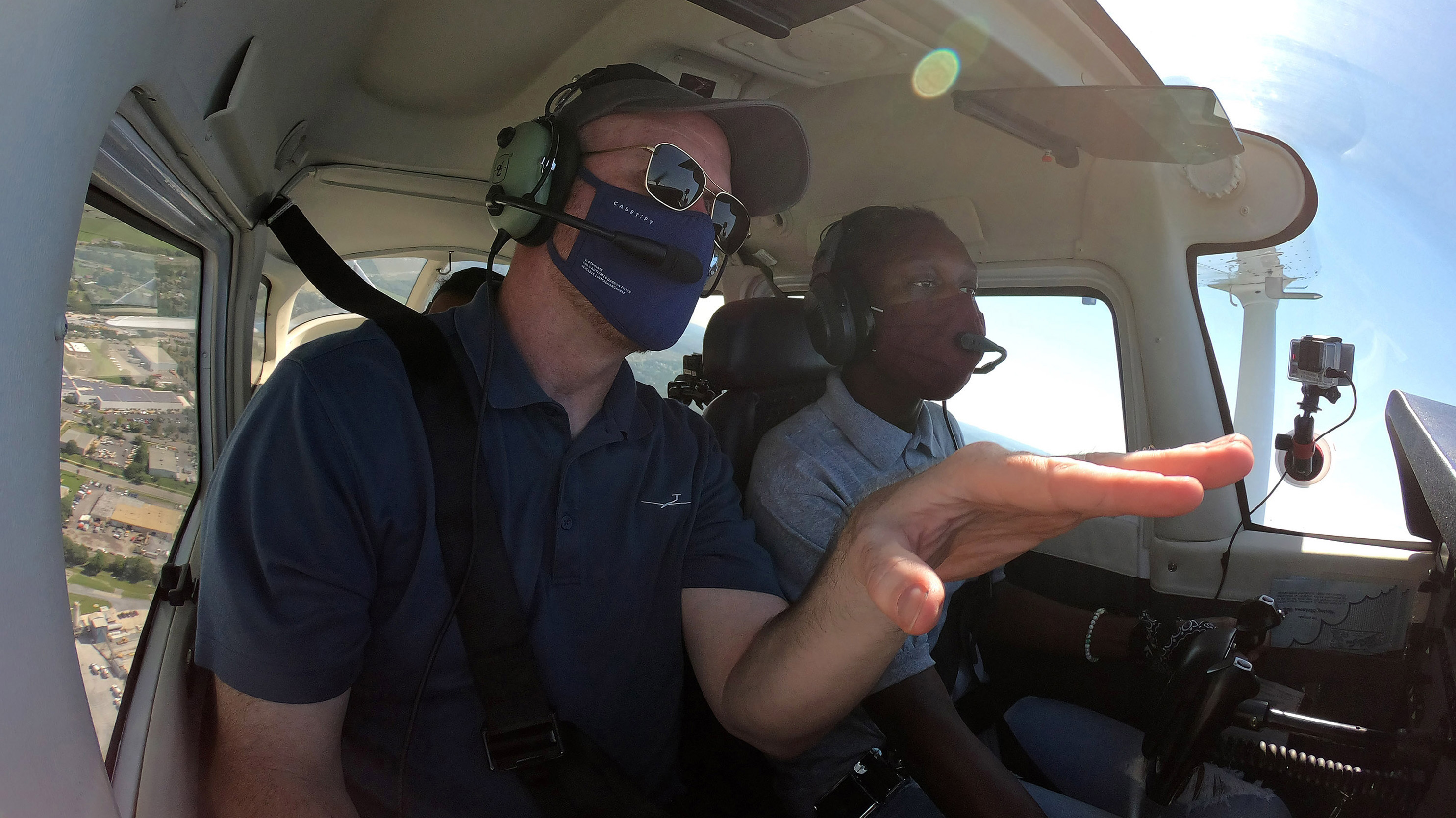 Victoria Wentt from Col. Zadok Magruder High School in Maryland handles flying duties during a general aviation discovery flight with Chris Moser, AOPA senior director of flight training education, at Frederick Municipal Airport on August 18, 2020. Photo by David Tulis and Josh Cochran.