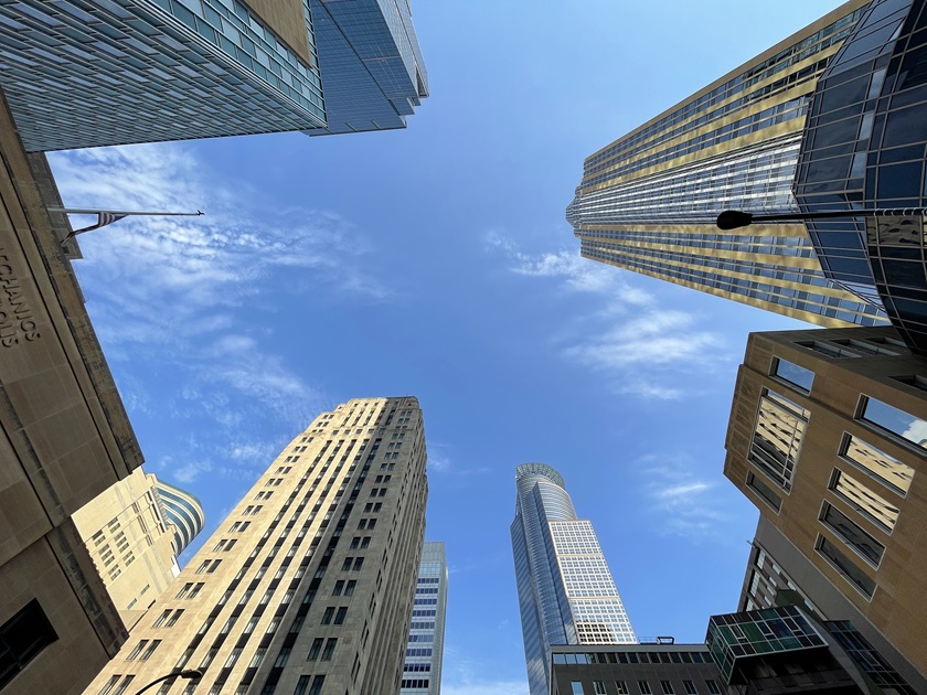 Minnesota aviation pioneer Rufus R. Rand developed Rand Tower (tallest building on the left) in 1929. A $110 million renovation converted the office building into a luxury boutique hotel that opened in late 2020 and preserved the original design’s architectural aviation and art deco themes. Photo by MeLinda Schnyder.
