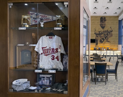A guided tour of Target Field, the downtown Minneapolis home of the Minnesota Twins, includes learning the history of the ballpark and the team as well as seeing art and memorabilia not always viewable by the public. This display includes artifacts on loan from the family of the late Kirby Puckett, the center fielder who played his entire 12-year Major League Baseball career for the Twins. He is a member of the National Baseball Hall of Fame. Photo by MeLinda Schnyder.