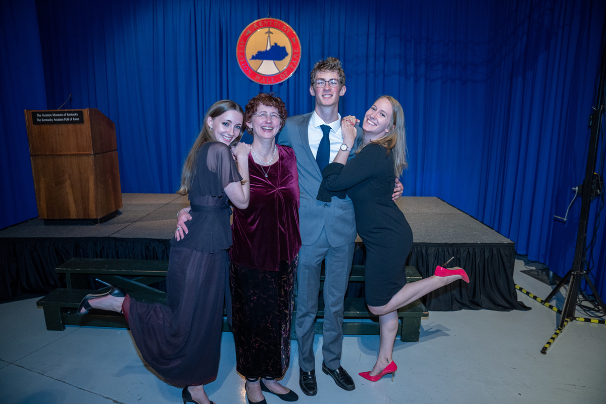 The Collins family, [from left to right] Bridget, Janette, Matthew, and Jenn. Photo by Mark Mahan, courtesy of Aviation Museum of Kentucky Hall of Fame.