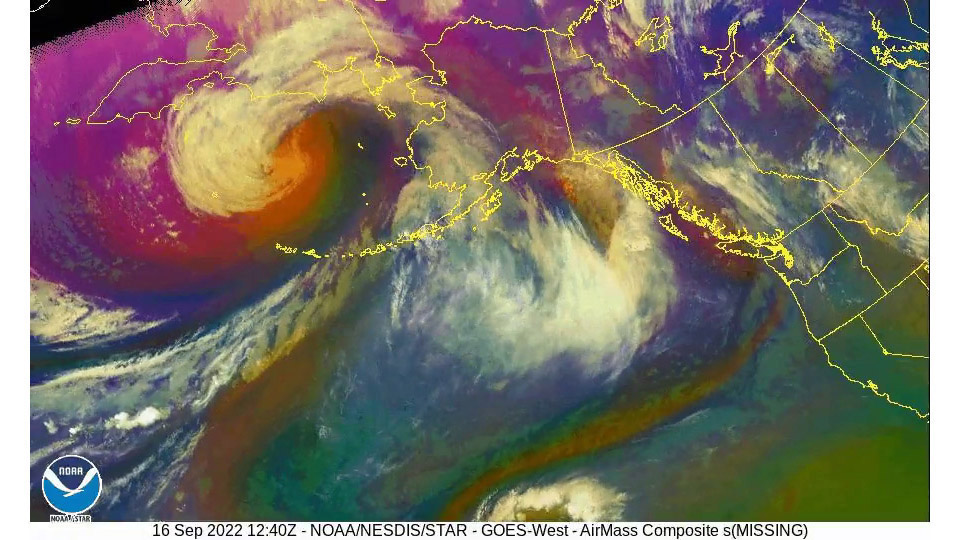 Post-tropical cyclone Merbok over the Bering Sea on September 16, 2022. Pilot weather reports are requested to help with recovery efforts. Image courtesy of the National Weather Service Ocean Prediction Center via Twitter.