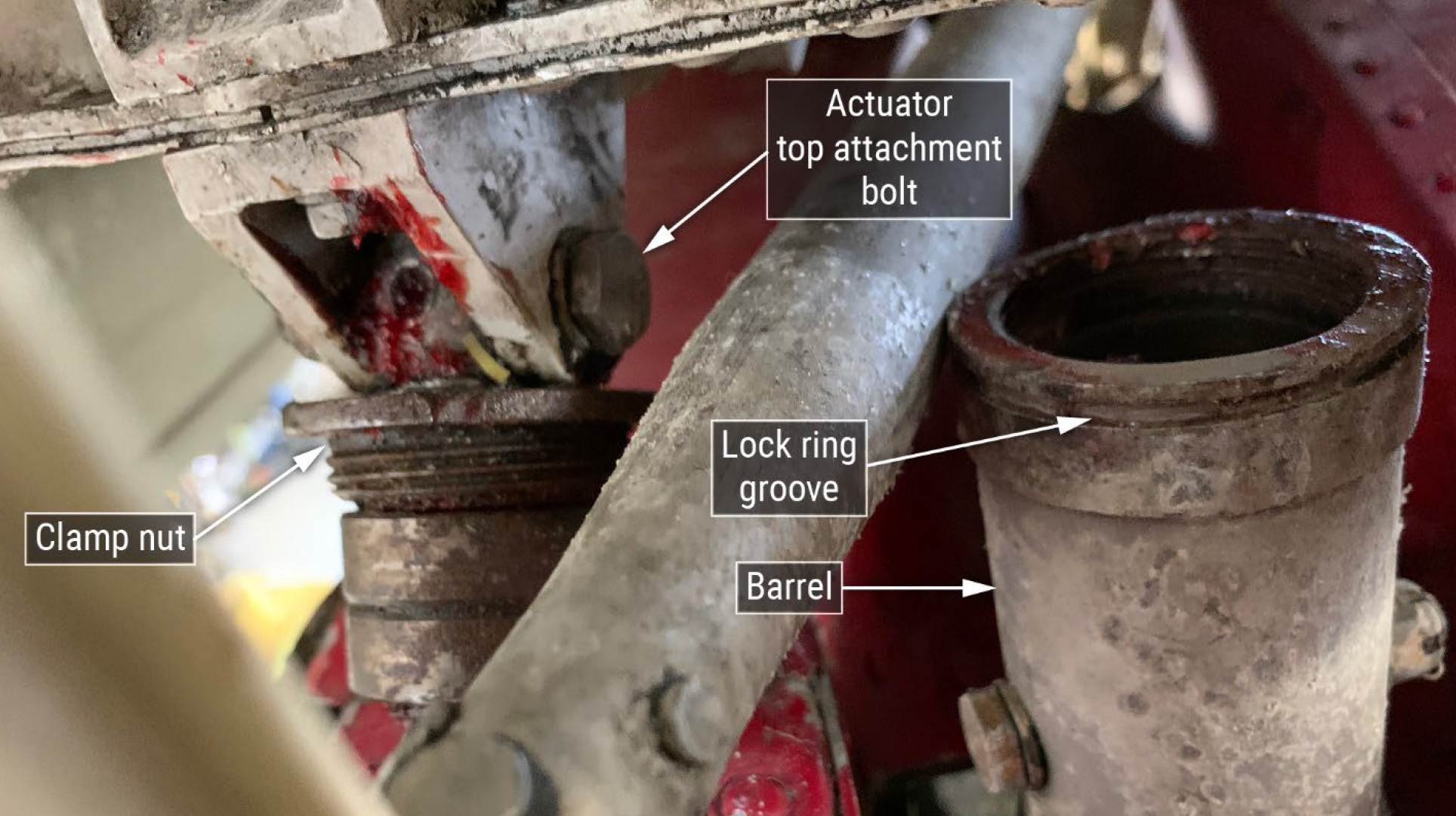 The DHC–3 wreckage was found with the clamp nut at left not seated in the barrel at right, having apparently unthreaded prior to the September 4 accident. A lock ring designed to prevent this unthreading was not found, and the manufacturer is drafting inspection guidance for the rest of the fleet. NTSB image.