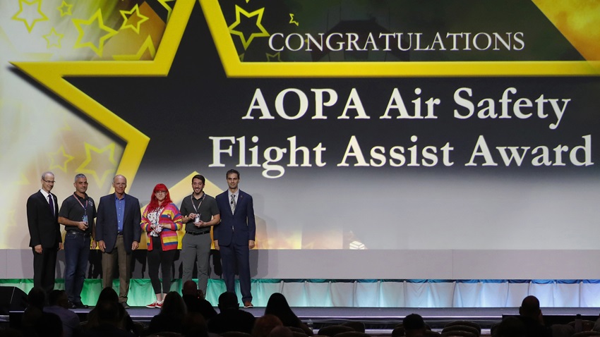 From left, National Air Traffic Controllers Association Executive Vice President Andrew LeBovidge, AOPA Air Safety Institute Flight Assist Commendation honoree Ryan Hampton, AOPA Air Safety Institute Senior Vice President Richard McSpadden, Air Safety Institute Flight Assist Commendation honorees Chelsea Arias and Dylan McLoughlin, and NATCA President Rich Santa. Photo courtesy of NATCA.