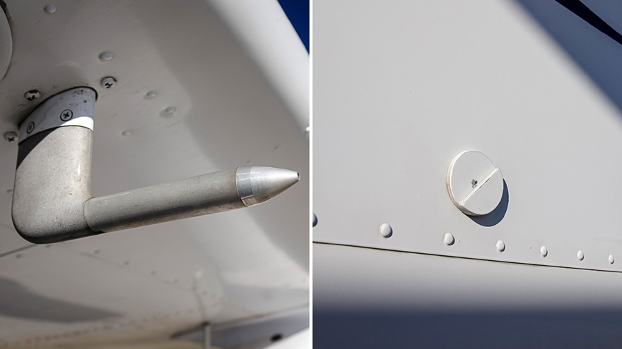 The pitot tube (left) and the static port must both remain clear of obstructions for key instruments to indicate accurate readings. Photos by Mike Fizer.