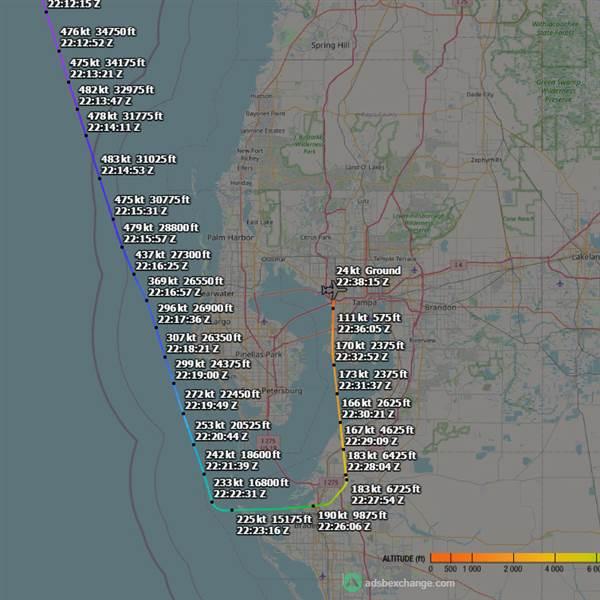 The March 30 flight of a Cessna Citation was diverted to Tampa, Florida, for an emergency landing after the left-side Tamarack active-camber control surface and winglet separated from the aircraft during cruise descent through 30,000 feet. Image courtesy of ADSBexchange.com.